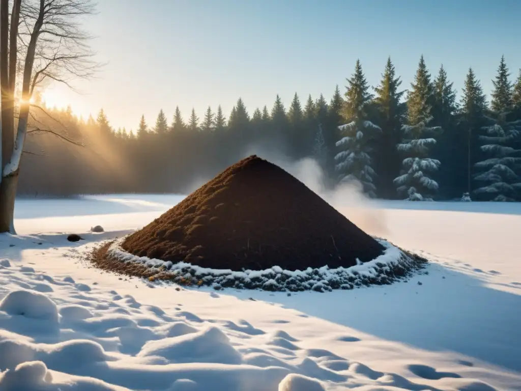 Un sereno paisaje invernal con un compostaje sostenible rodeado de árboles nevados