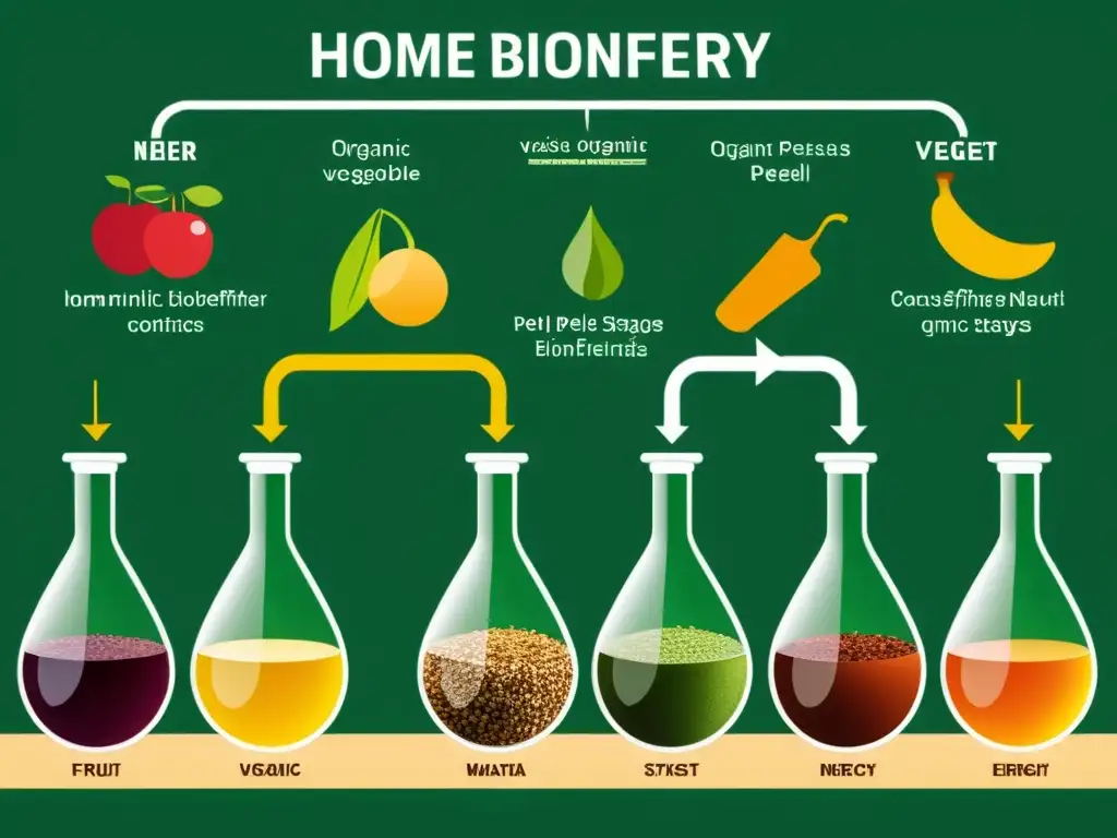 Un setup de biorrefinería casera convierte residuos orgánicos en energía, con contenedores y tubos ordenados y etiquetados en una atmósfera armoniosa