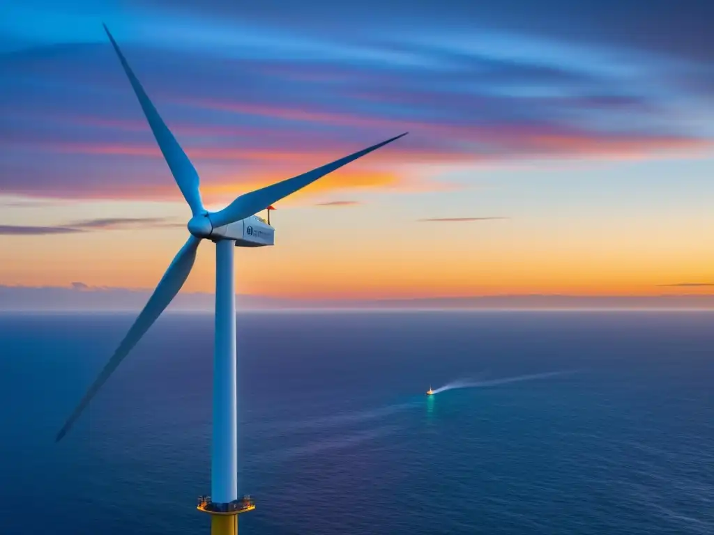 Silueta elegante de un aerogenerador marino en movimiento, capturando la energía dinámica del viento