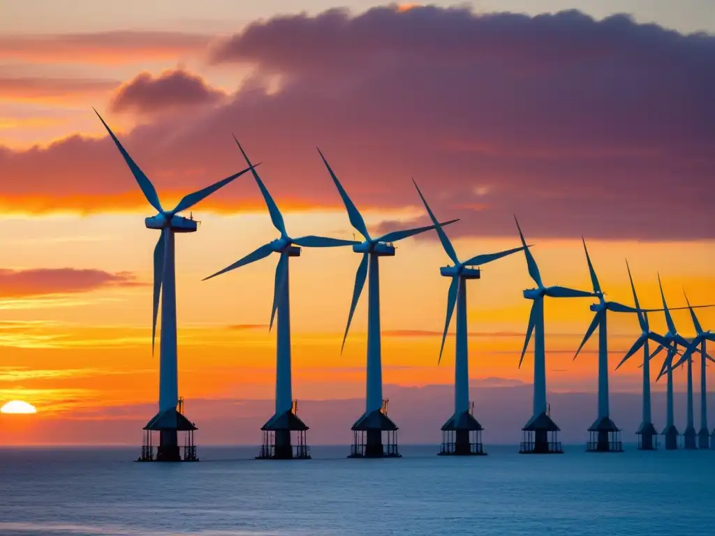 Silueta majestuosa de aerogeneradores en vibrante atardecer sobre el mar, transmitiendo beneficios alianzas estratégicas energía eólica