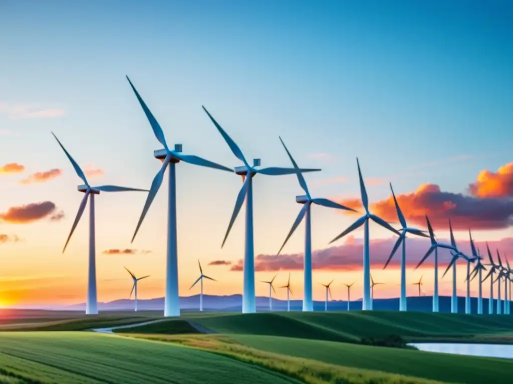 Silueta de molinos de viento blancos en un atardecer vibrante