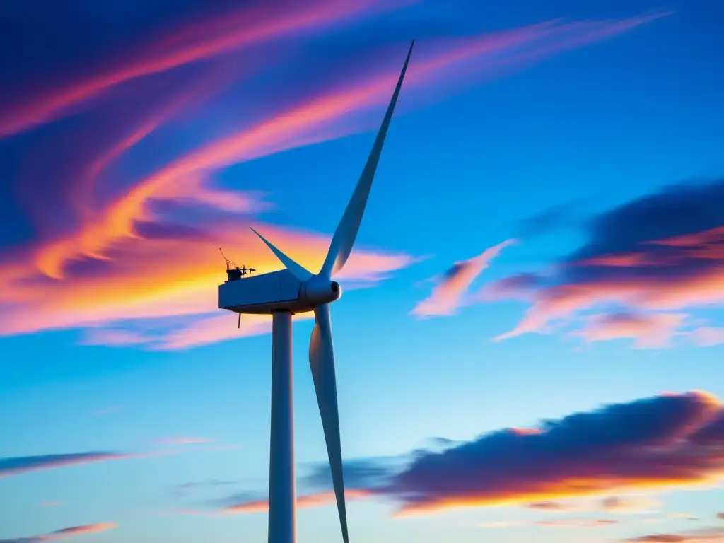 Silueta de turbinas eólicas en vibrante atardecer, fusionando tecnología y naturaleza