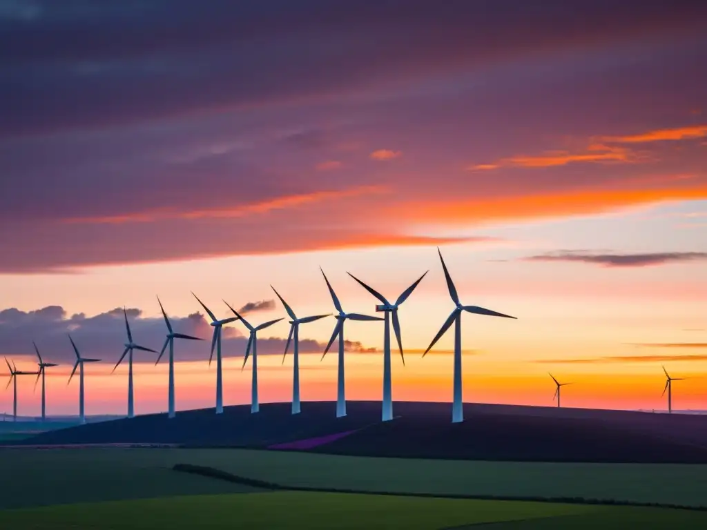 Siluetas de turbinas eólicas en atardecer vibrante, simbolizando esperanza y energía renovable para comunidades sostenibles