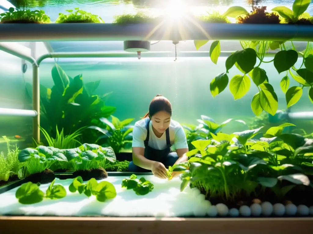 Implementando un sistema acuaponía en un jardín sostenible, cuidando plantas y peces con serenidad y armonía