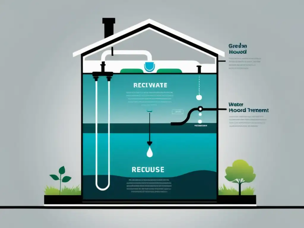 Un sistema de aguas grises sostenible con diseño elegante y transparencias que reflejan la armonía entre tecnología y conciencia ambiental