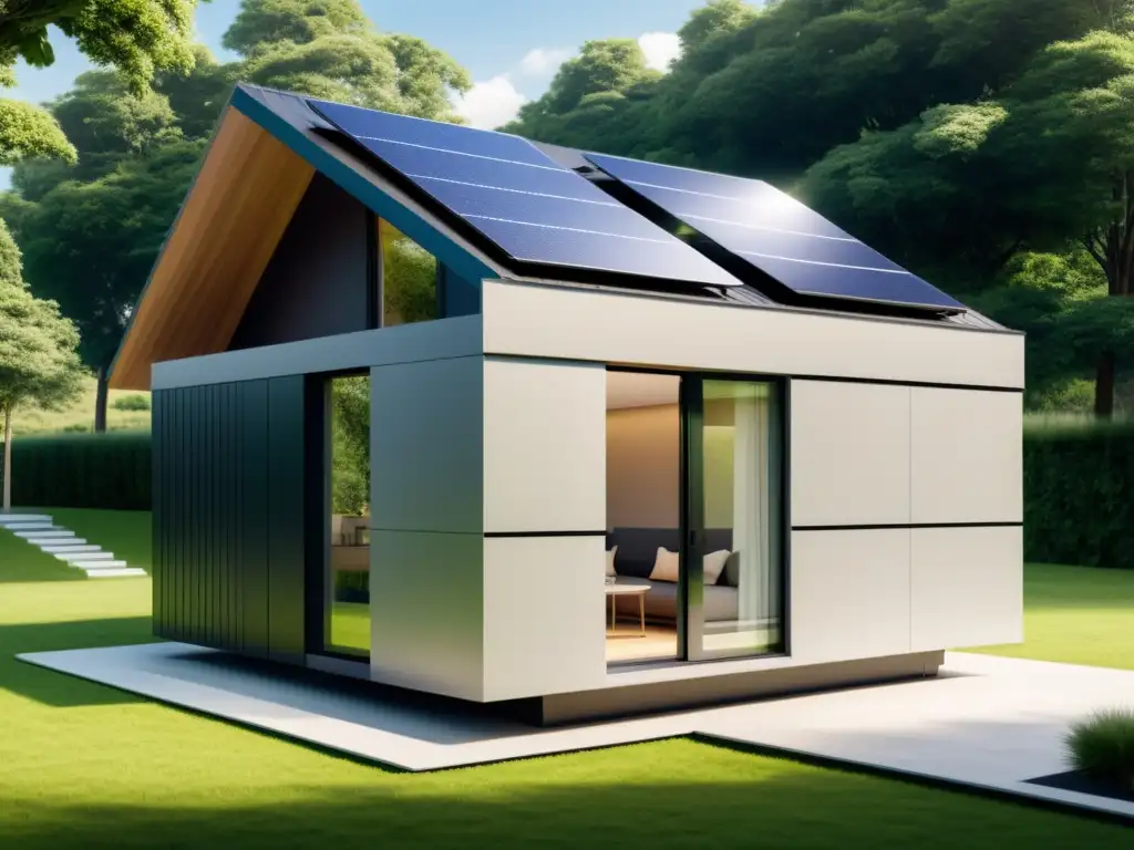 Almacenamiento de energía para hogares sostenibles: tecnología emergente Un sistema de almacenamiento de energía para hogar sostenible integrado en un diseño moderno y sostenible, con paneles solares y vegetación exuberante