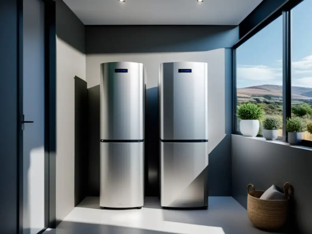 Sistema de almacenamiento de energía doméstica: eficiencia y sostenibilidad Un sistema de almacenamiento de energía para hogar sostenible, moderno y eficiente en una habitación bien iluminada y ordenada