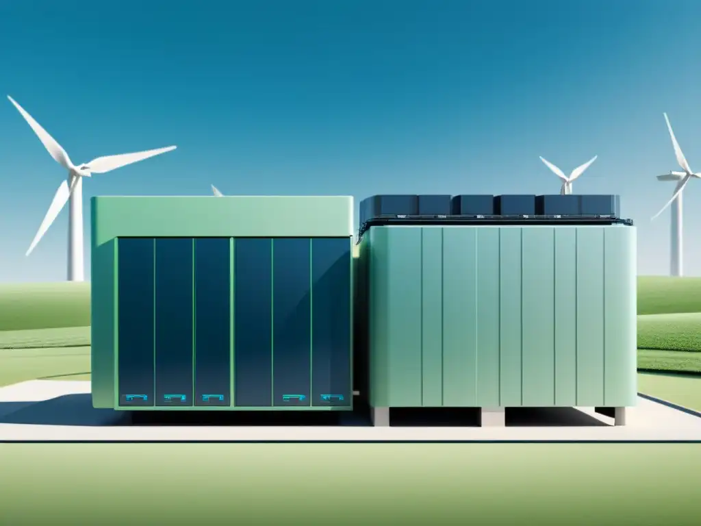 Un sistema de almacenamiento de energía integrado en un microgrid, con un diseño futurista y líneas limpias