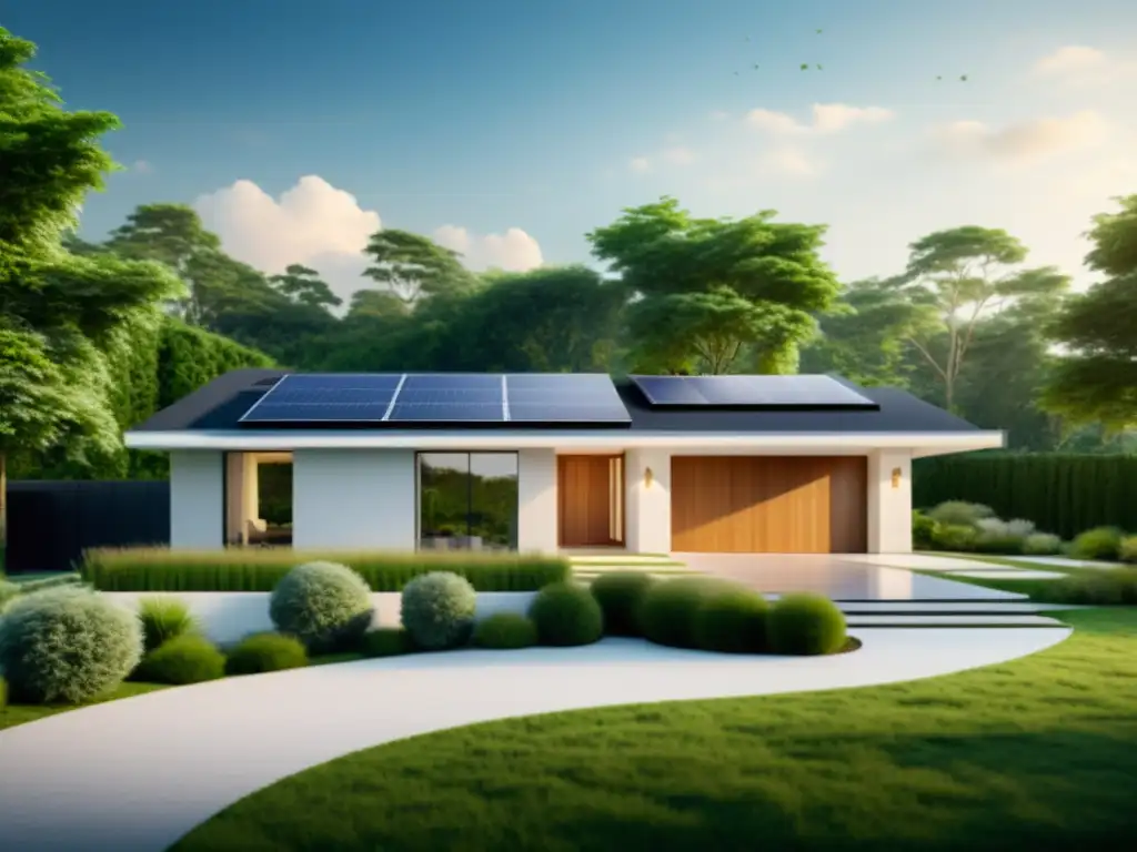 Sistema de almacenamiento para hogares verdes: Casa moderna con paneles solares y jardín sostenible, reflejando vida ecológica y tecnología renovable