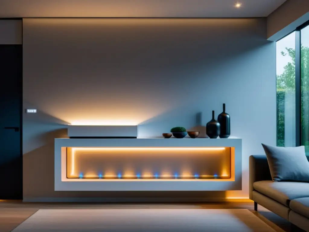 Un sistema de almacenamiento térmico casero integrado en un espacio minimalista y sofisticado, con iluminación ambiental suave