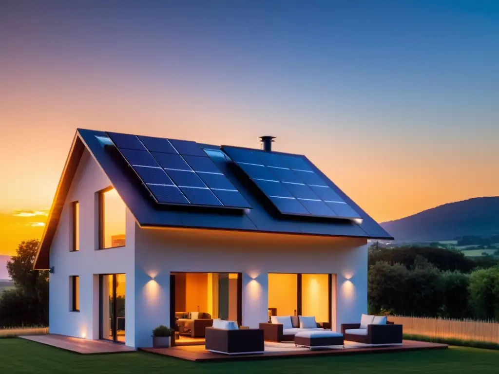 Sistema de almacenamiento térmico inteligente en una casa moderna con paneles solares, termostato inteligente y tecnología IoT