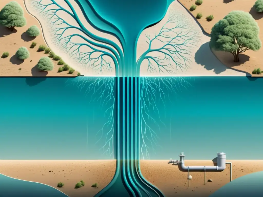 Sistema avanzado de gestión de aguas subterráneas: ilustración serena y minimalista de un acuífero subterráneo con intrincada red de venas de agua y sistemas de filtración