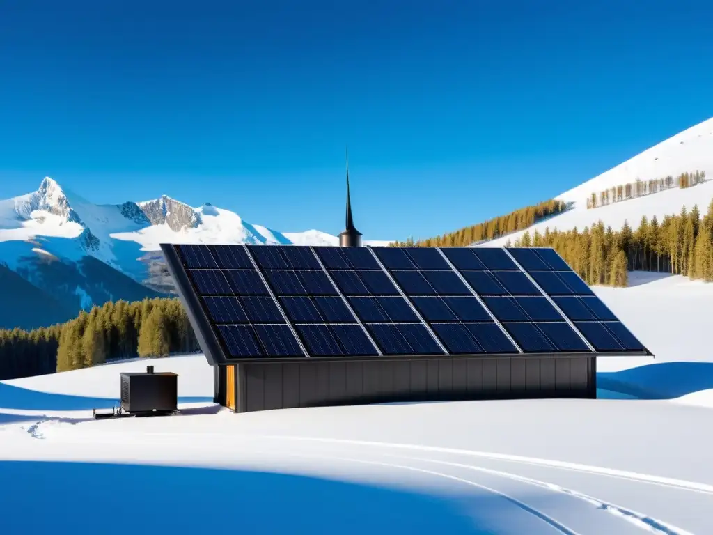 Un sistema de bioenergía moderno y elegante instalado en una remota cabaña de montaña cubierta de nieve