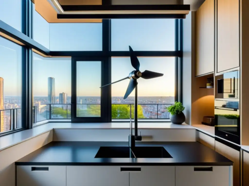 Un sistema de bioenergía moderno y minimalista en un apartamento urbano, con paneles solares, turbina eólica y generador de biofuel