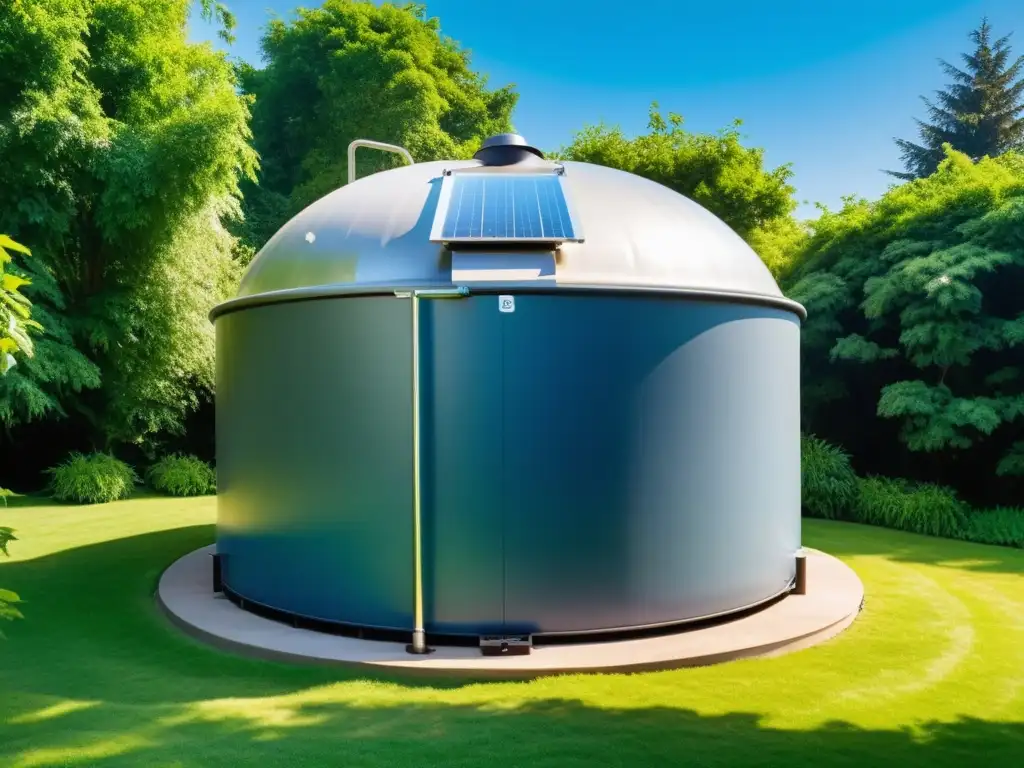 Implementación de sistema de biogás en casa: Un moderno biodigestor en el jardín, integrando tecnología ecológica con la naturaleza