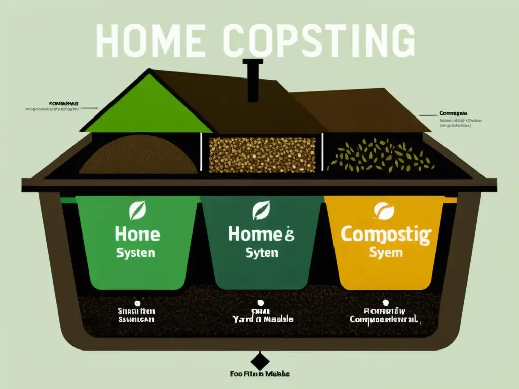 Sistema de compostaje doméstico sostenible en cocina organizada, con contenedores separados para desechos de comida, jardín y otros materiales compostables