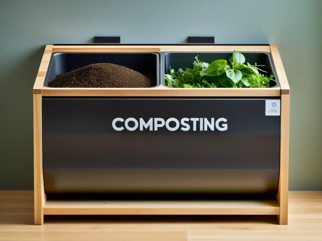 Un sistema de compostaje moderno y elegante para reducir residuos orgánicos en casa, en un entorno minimalista y limpio