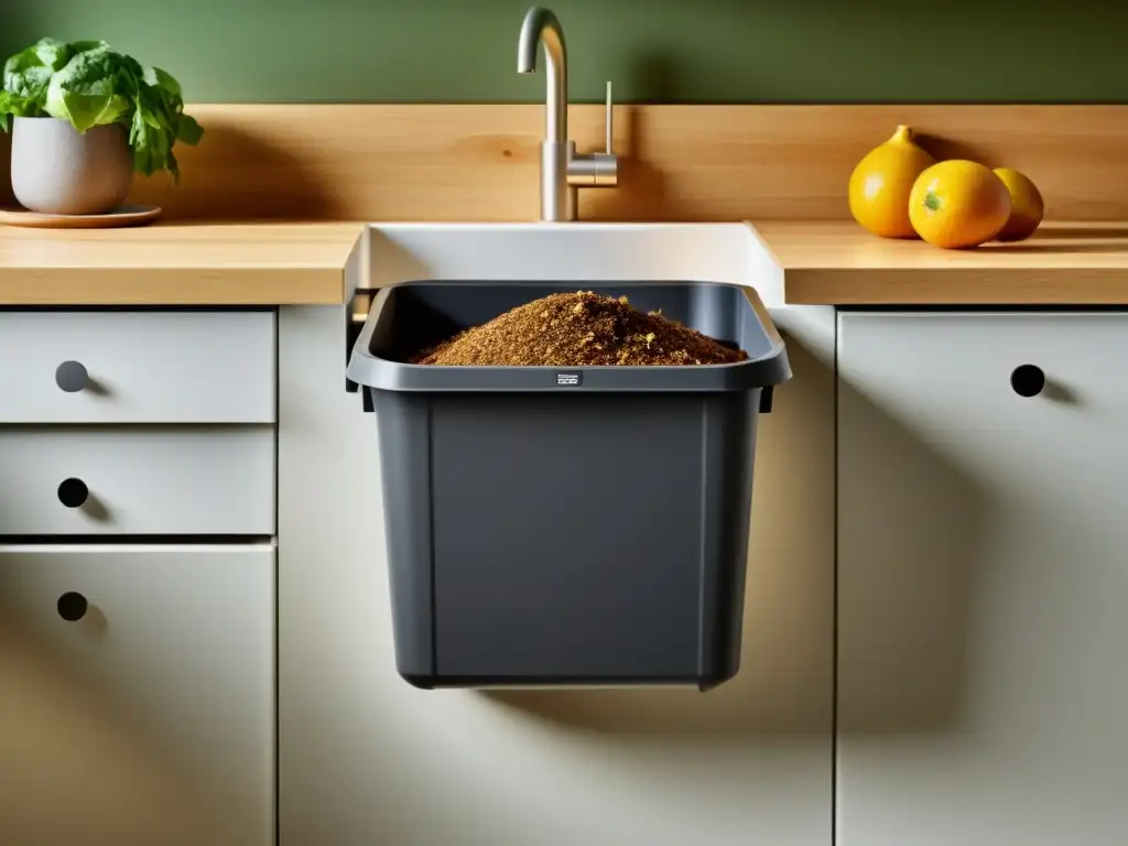 Sistema de compostaje reduciendo residuos orgánicos en una cocina iluminada, con residuos de alimentos añadidos al contenedor de compostaje