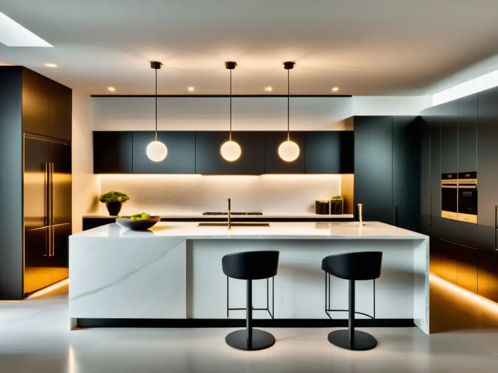 Sistema de iluminación eficiente en una cocina moderna y sostenible con diseño minimalista y encimera de mármol blanco iluminada