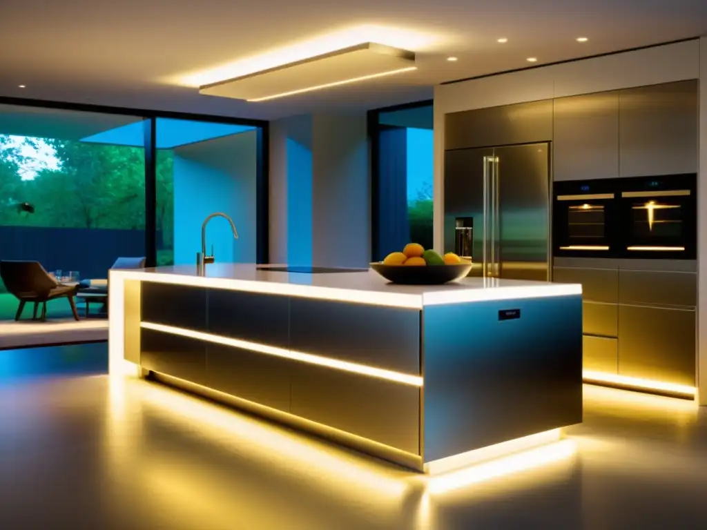 Sistema de iluminación eficiente para cocinas sostenibles: cocina minimalista con luz LED cálida bajo los gabinetes y diseño moderno