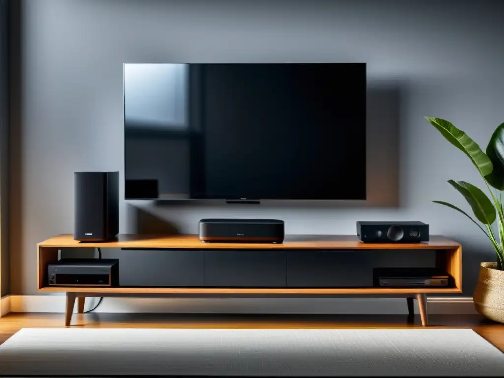 Un sistema de entretenimiento moderno y eficiente con dispositivos electrónicos organizados y sin cables visibles