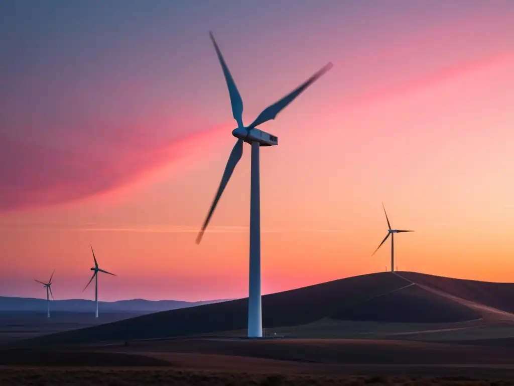 Sistema eólico instalado en zona remota, capturando la energía del viento en un paisaje sereno y vasto al atardecer