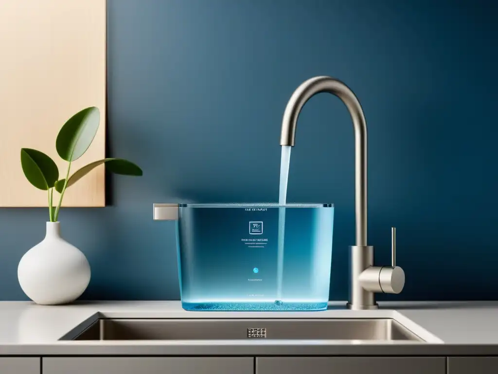 Un sistema de filtración de agua integrado en un fregadero moderno, transforma el agua del hogar en un ambiente contemporáneo y elegante