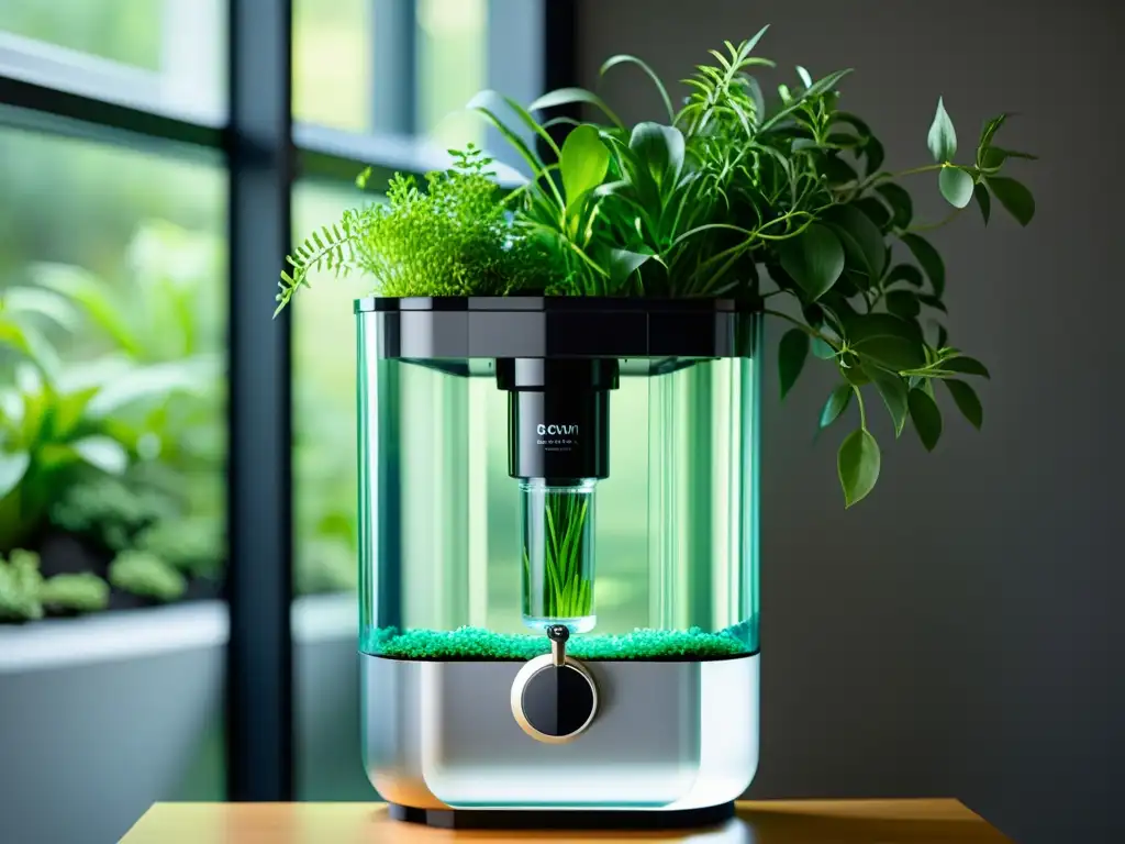 Un sistema de filtración de agua moderno con diseño minimalista, tubos y cámaras detallados, y plantas acuáticas vibrantes