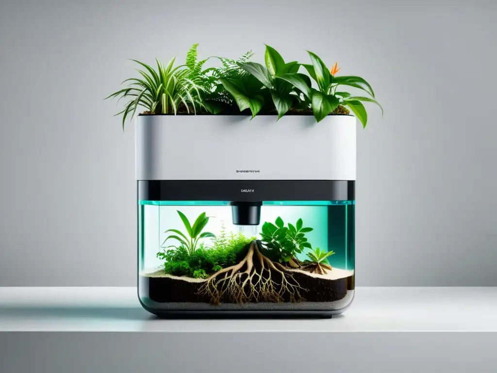 Sistema de filtración de agua con plantas en casa, elegante y sostenible