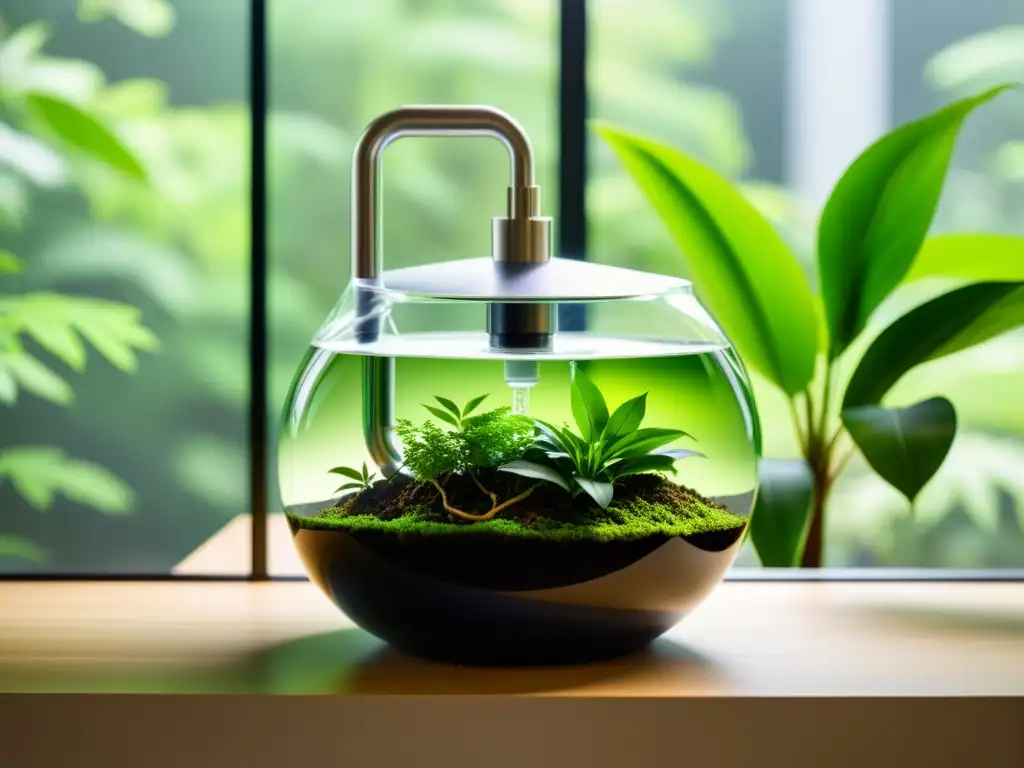 Sistema de filtración de agua con plantas integrado en un ambiente moderno y natural, evocando pureza y tranquilidad