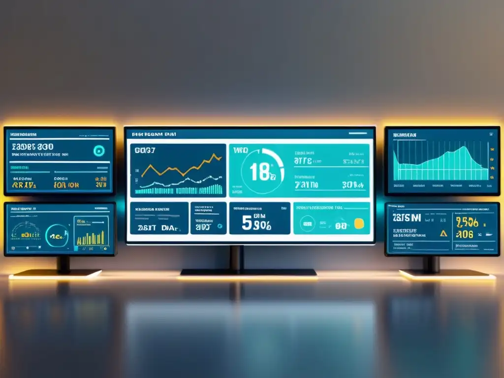 Un sistema de microred con fuentes de energía conectadas y pantallas futuristas mostrando análisis de datos