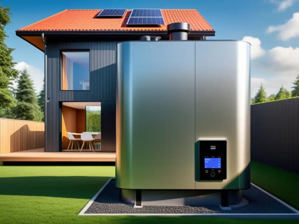 Un sistema de calefacción híbrido moderno y minimalista con tanques de biocombustible y fuentes de energía renovable