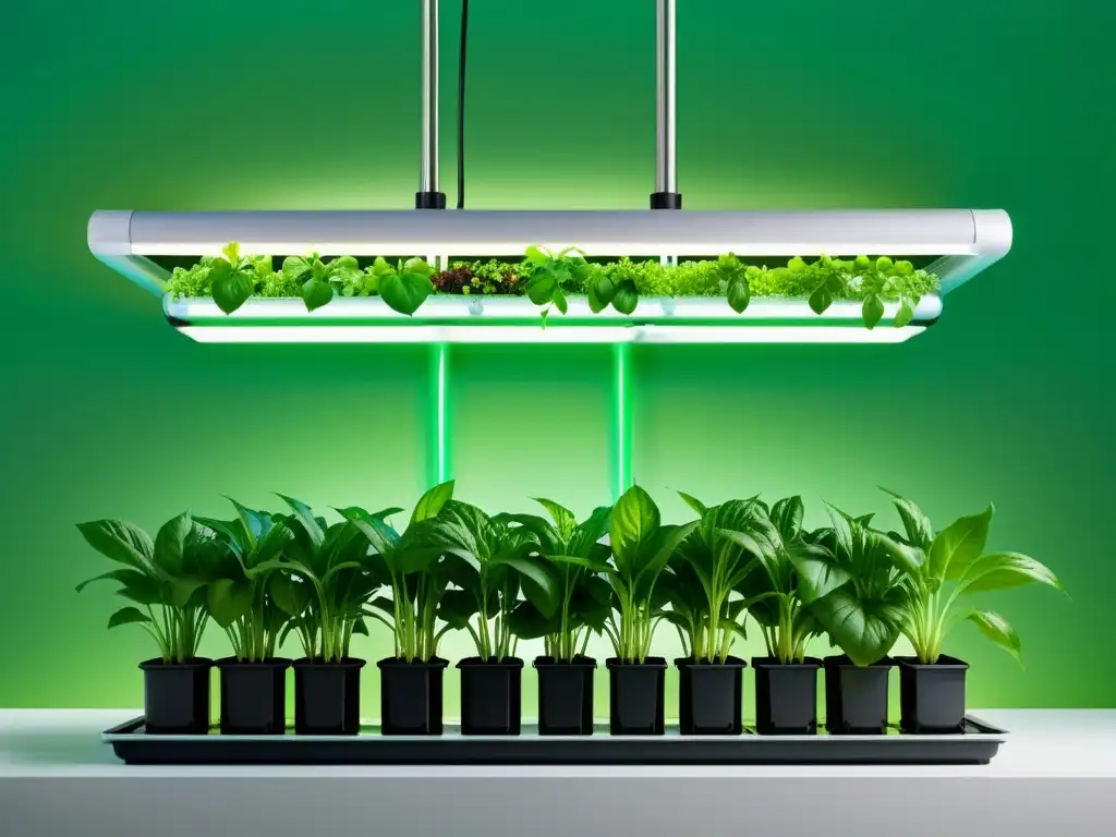 Un sistema hidropónico vibrante y minimalista ilustra las ventajas de hidroponía y acuaponía con plantas exuberantes en agua nutritiva