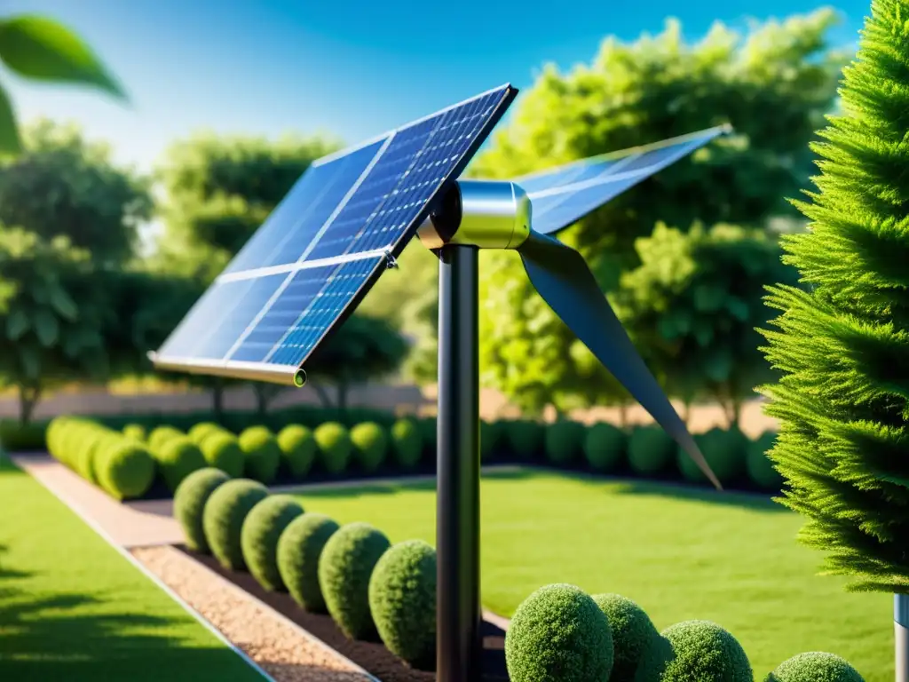 Un sistema integrado para bioenergía en un hermoso jardín, con paneles solares relucientes y una elegante turbina eólica