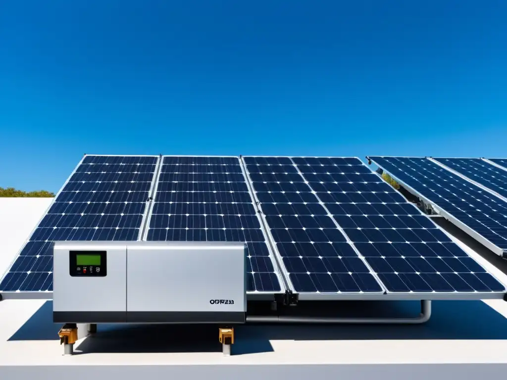 Un sistema moderno de almacenamiento de energía fuera de la red con paneles solares en un entorno urbano, transmitiendo eficiencia y sostenibilidad