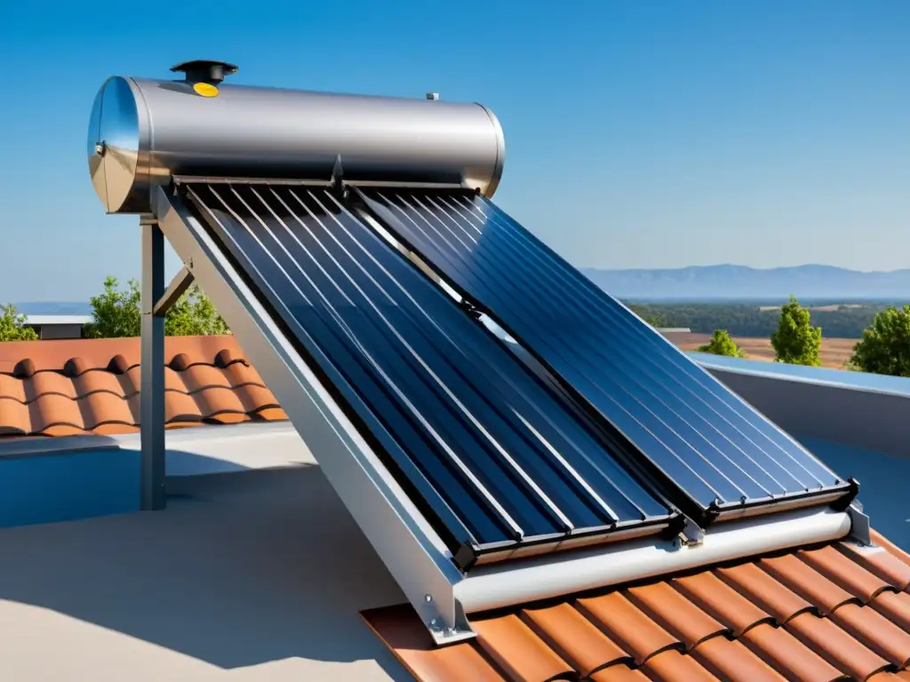 Un sistema moderno de calentador solar de agua en un tejado residencial, con el cielo azul y el sol brillante al fondo