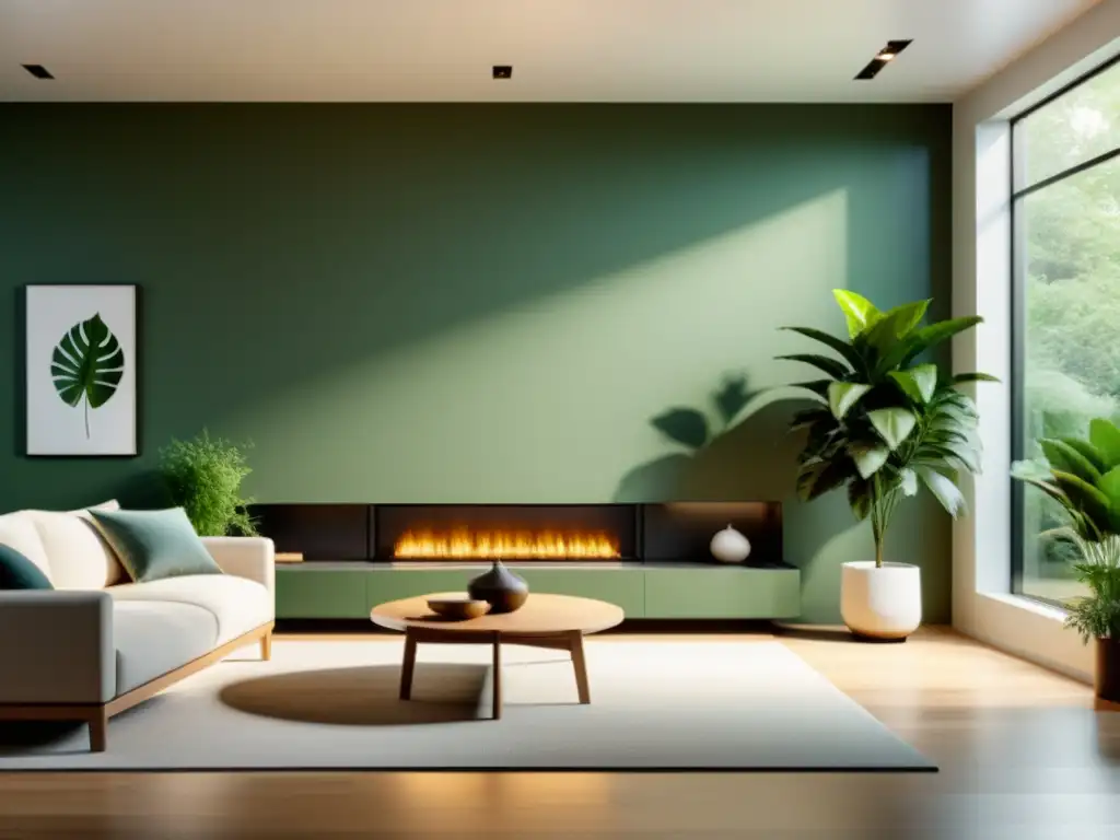 Sistema de calefacción moderno y sostenible en sala acogedora Un sistema de calefacción moderno y eficiente rodeado de plantas verdes en una acogedora sala iluminada