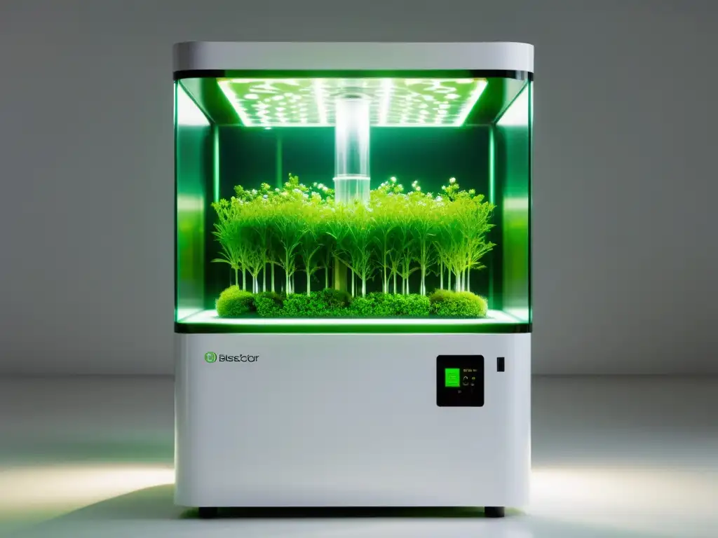 Un sistema de bioreactor moderno y minimalista con pequeñas plantas de biocombustible sostenible, iluminado por suave luz cálida