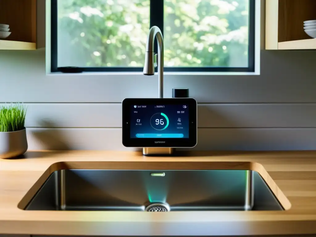 Un sistema de monitoreo remoto del consumo de agua en un hogar moderno, con sensores futuristas y pantalla digital