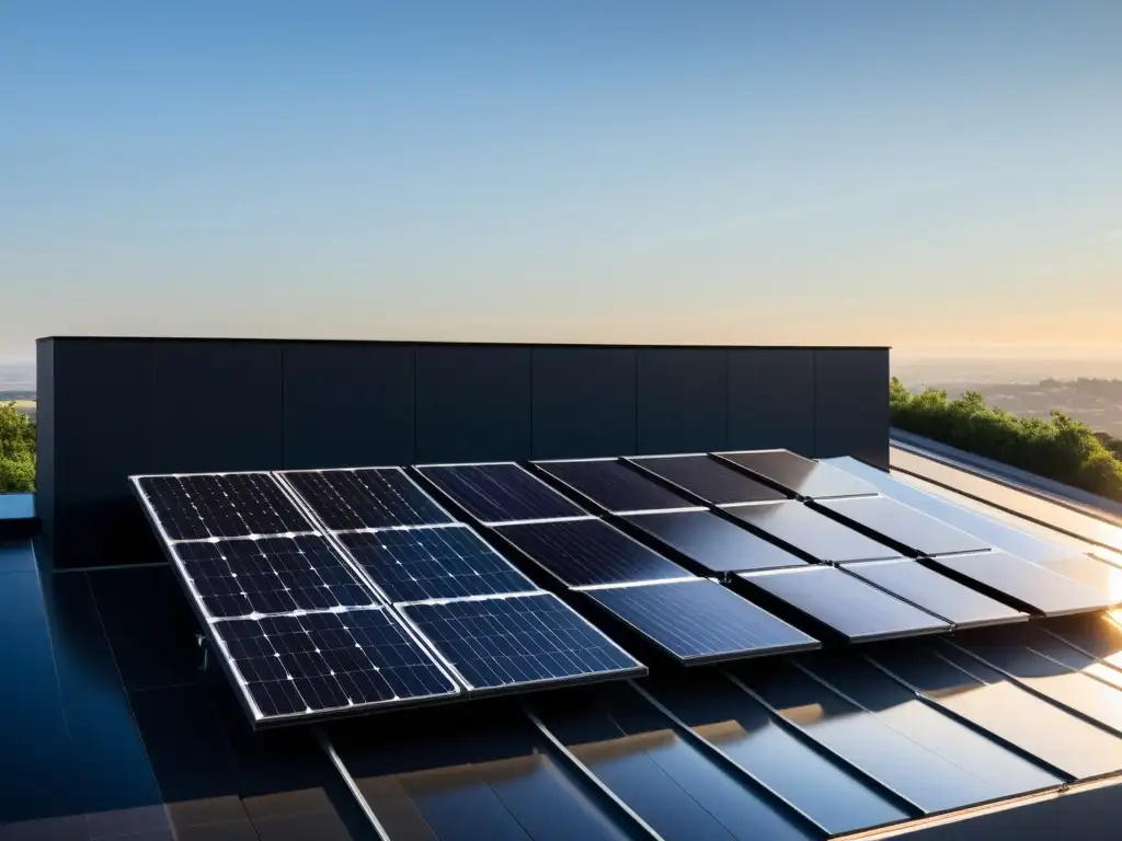 Un sistema de paneles solares residenciales en un techo moderno, con líneas limpias y formas geométricas