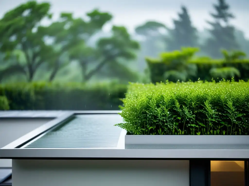 Sistema de recogida de agua lluvia integrado en moderna azotea residencial, evocando tranquilidad ecofriendly