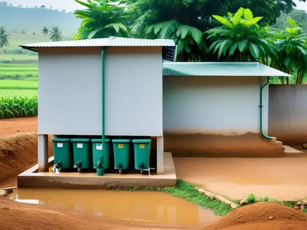 Un sistema de recogida de agua lluvia en una aldea rural, simbolizando los beneficios de esta tecnología para la comunidad