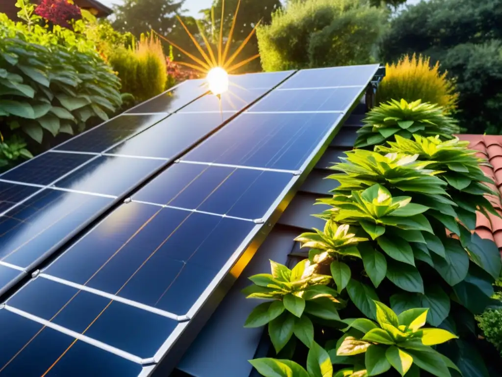 Sistema solar residencial integrado en jardín: belleza sostenible Un sistema de riego automático solar integrado en un jardín residencial, con paneles solares modernos bañados por la cálido sol