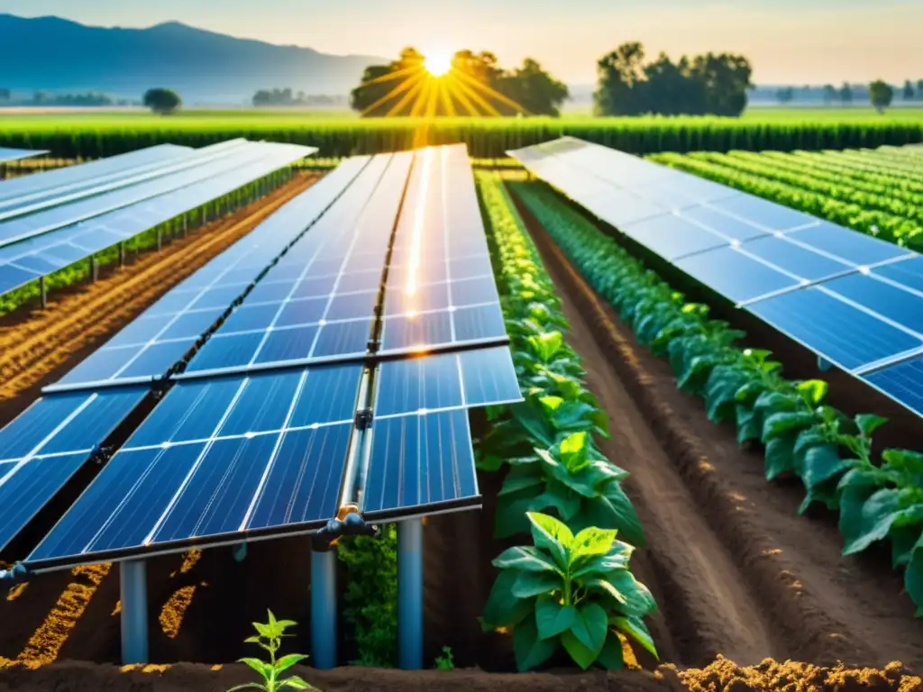 Sistema de riego solar: eficiencia y sostenibilidad en el campo Un sistema de riego automático solar moderno y eficiente, instalado en un campo agrícola exuberante y vibrante