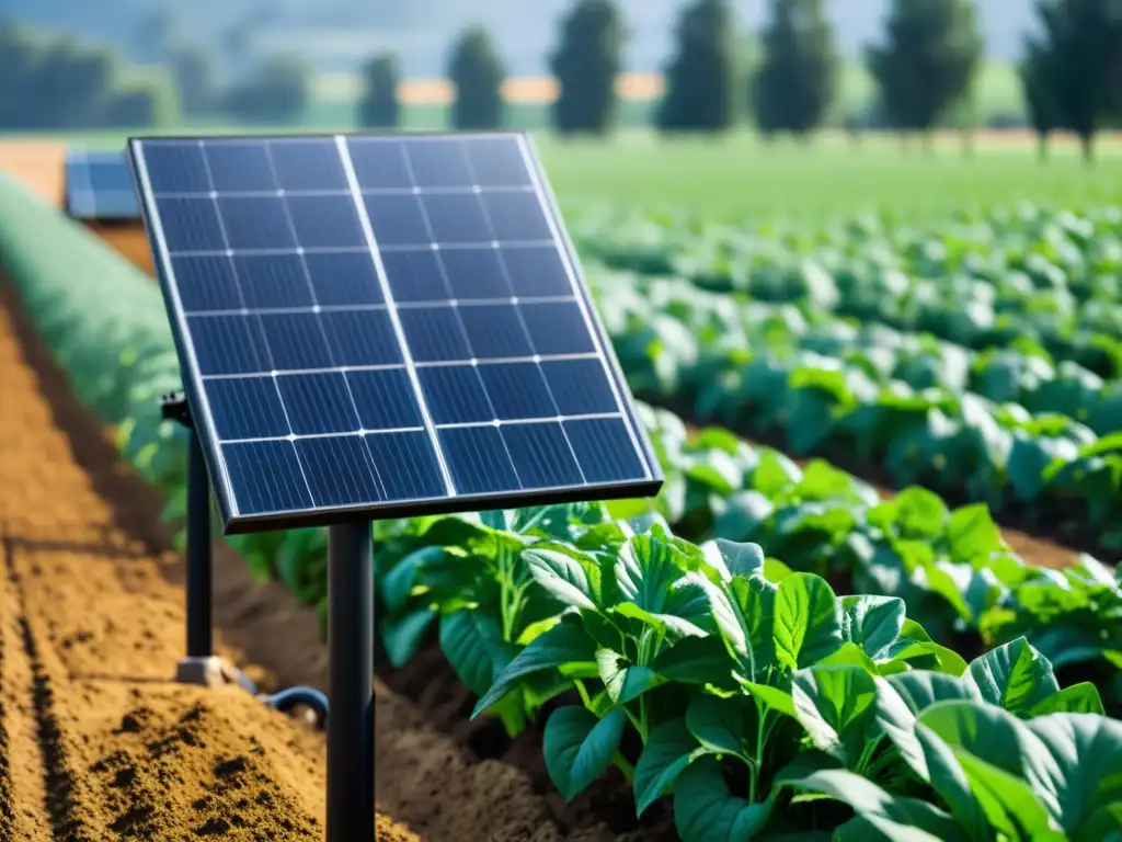 Sistema de riego automático con energía solar en campo verde Un sistema de riego automático solar moderno y eficiente en un campo agrícola exuberante