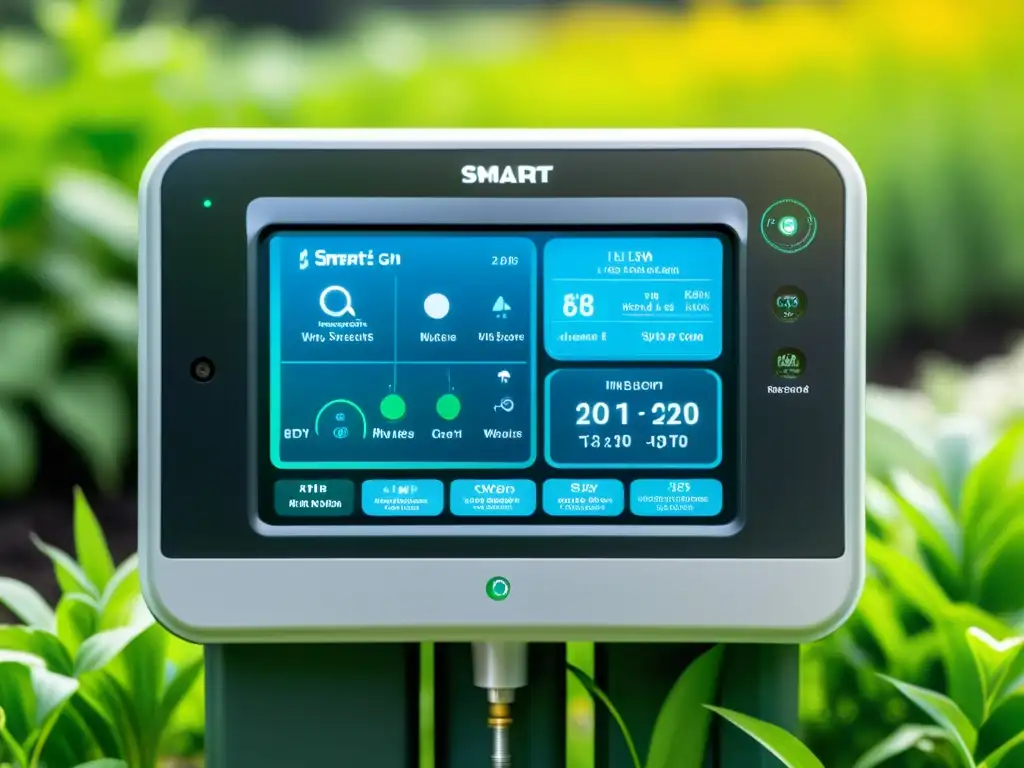 Un sistema de riego inteligente para jardín se integra perfectamente en un exuberante paisaje, mostrando su diseño minimalista y eficiencia