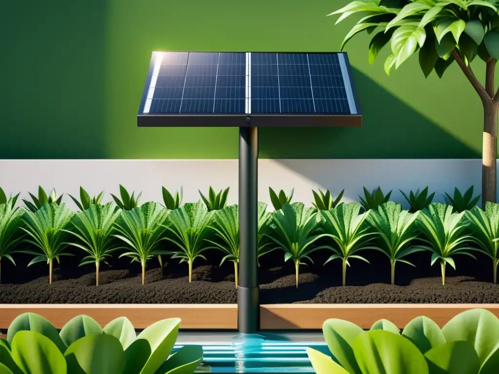 Sistema de riego solar sostenible integrado en un exuberante jardín verde, resaltando la aplicación práctica y sostenible de la tecnología