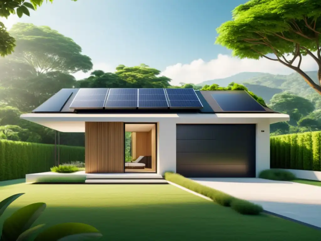 Sistema de seguridad ecológico para hogar con paneles solares integrados, en armonía con la naturaleza y la arquitectura sostenible