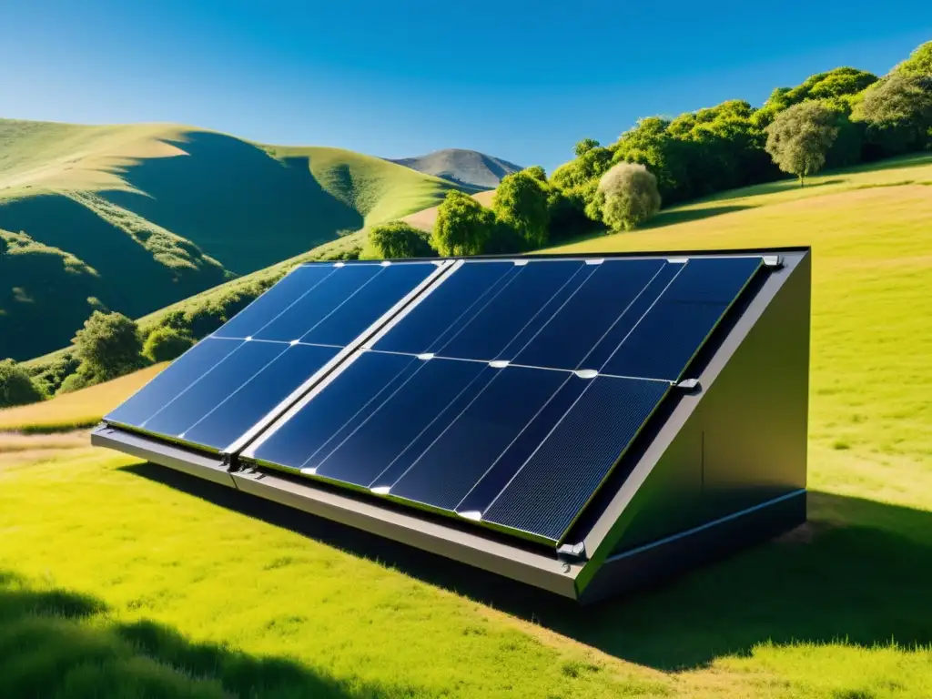 Un sistema solar doméstico con batería integrada, bajo cielo azul y paisaje verde, muestra la integración de baterías en sistemas renovables