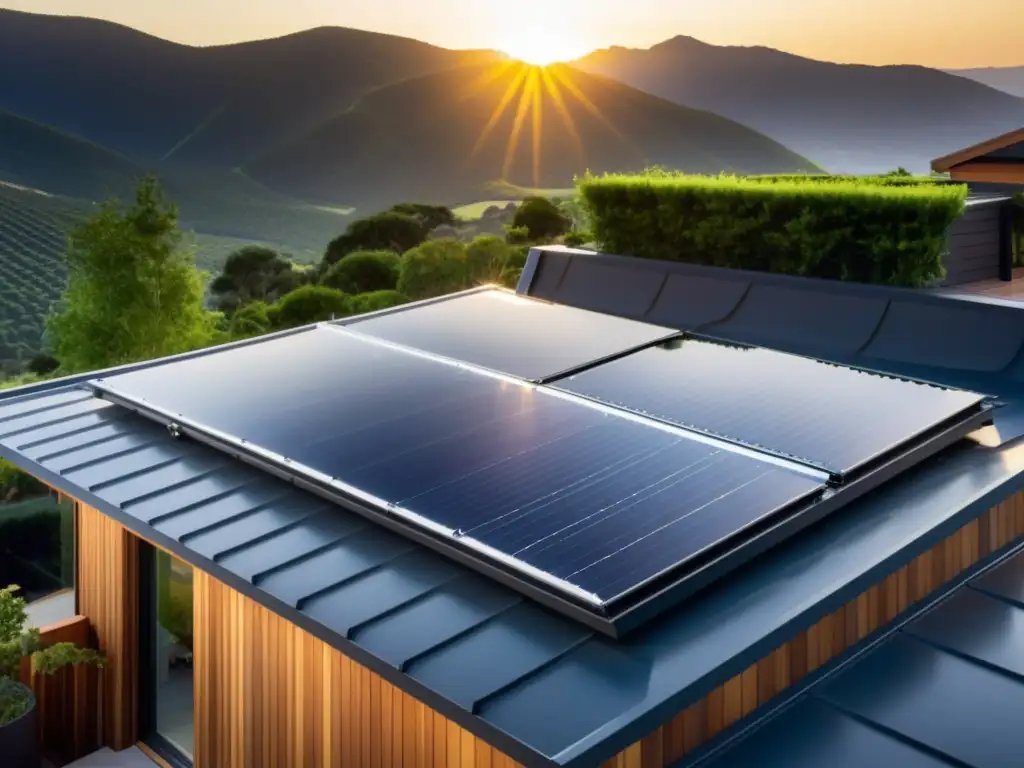 Un sistema de calefacción solar ecológica instalado en un hogar contemporáneo, armonizando tecnología y naturaleza con un brillo dorado